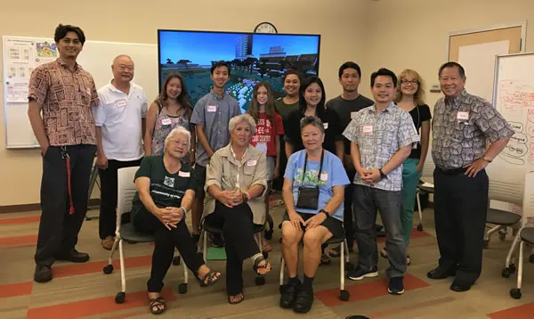 World Youth Congress delegates, Lanakila Senior Center Members, Christy Nishita (AFH Consultant), and Gabe Yanagihara (Iolani Minecraft teacher) at the Age-Friendly City workshop.